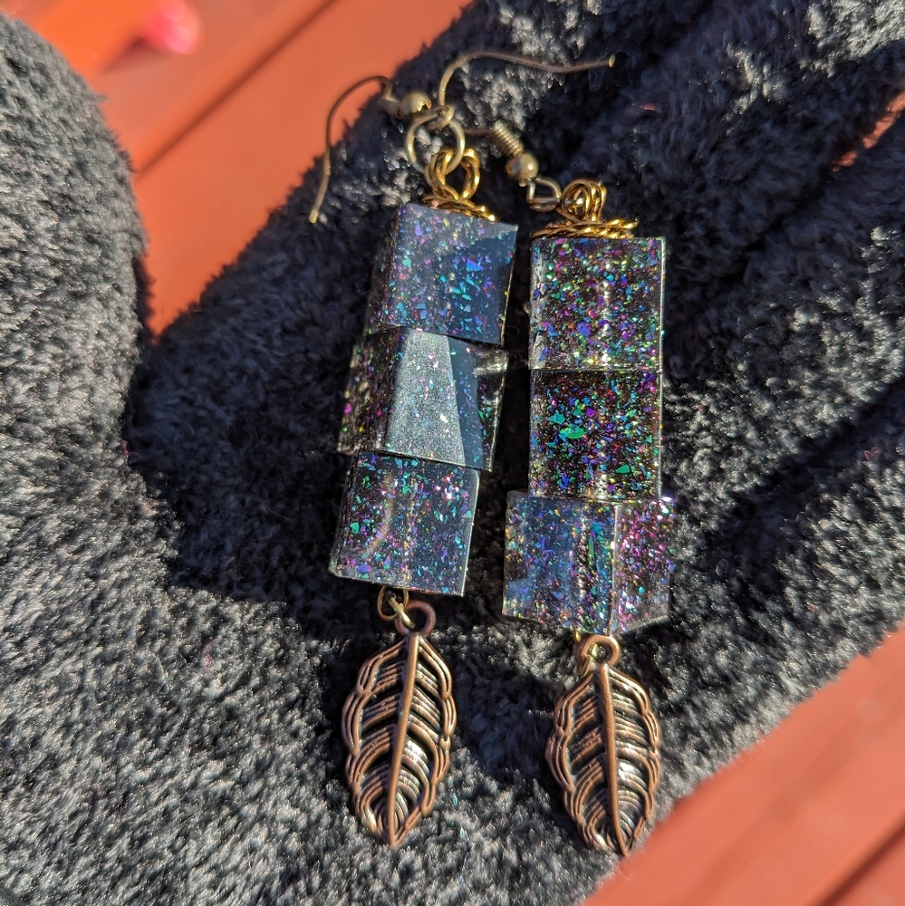 Feather Cube Earrings Epoxy Resin Sparkly Beads Lightweight Handmade Cute Unique